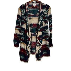 Lucky Brand Striped Aztec Drape Open Front Cardigan Sweater Blue Cream Size XS